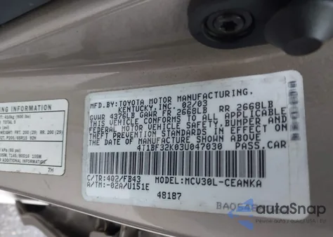 2003 Toyota Camry Le V6 from USA, damaged, VIN 4T1BF32K03U047030